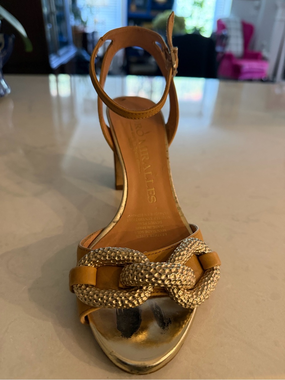 LK Bennett Gold-Tone Chain Detail Tan Ankle-Strap Sandal Perdo Miralles